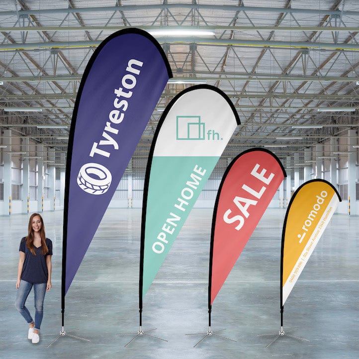 Custom teardrop advertising flag printing in Dubai by MaxPrint