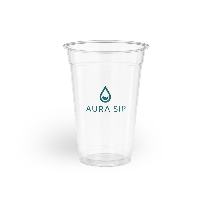 10 oz clear flat-lid plastic cup printed with a customer logo, example 2 — MaxPrint Dubai