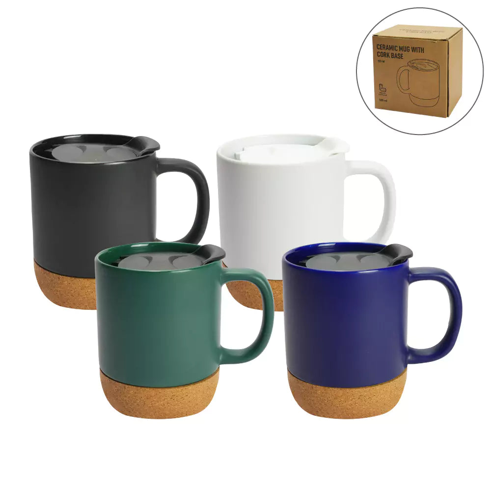 50 Black Ceramic Mugs with Lid and Cork Base