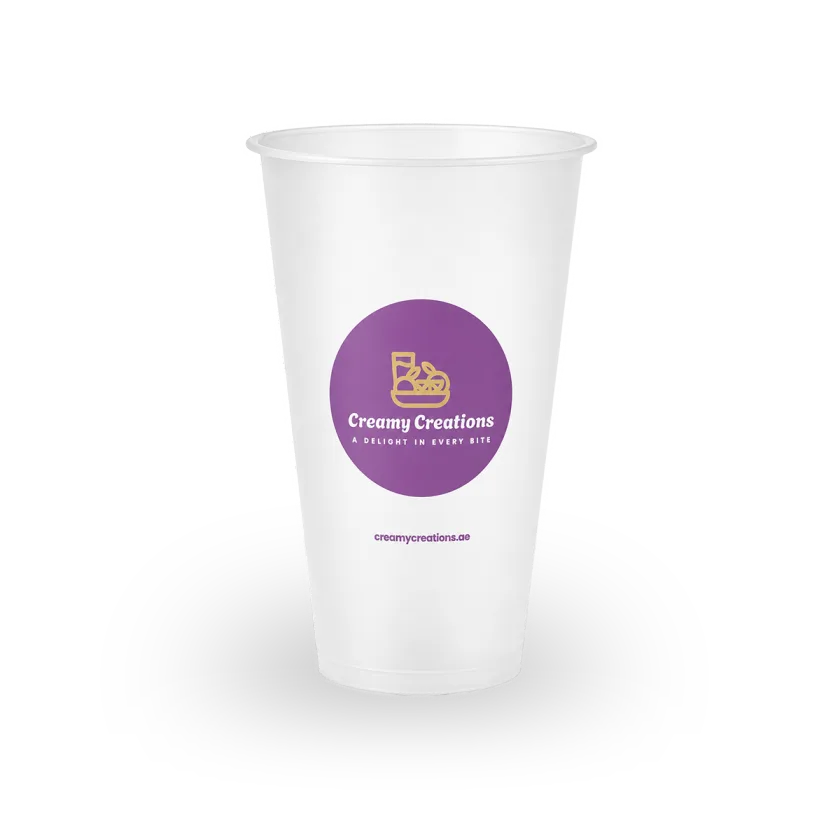 16 oz frosted PET cup printed with a customer logo, example 2 — MaxPrint Dubai