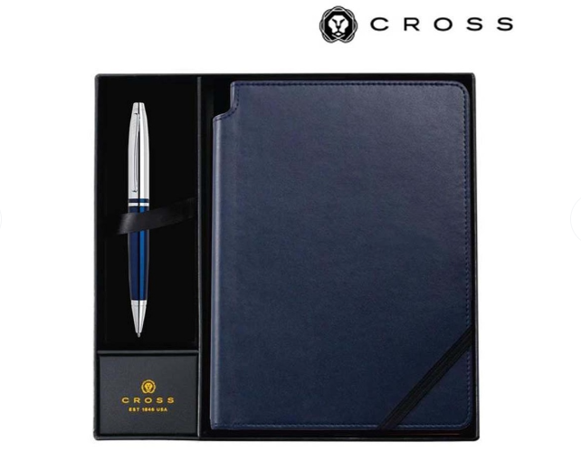 Cross Calais™ Chrome/Blue Lacquer Ballpoint Pen with Classic Midnight Blue Journal Gift Set