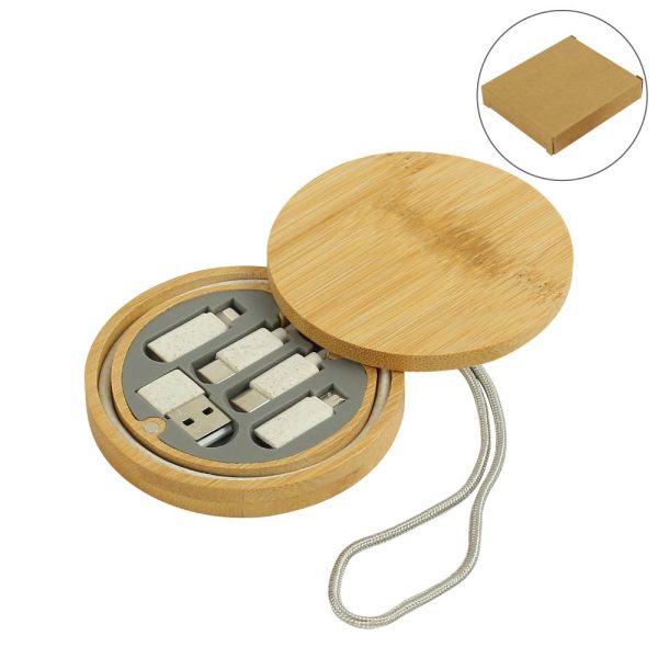 50 Multi-Charging Cable Set in Round Bamboo Case