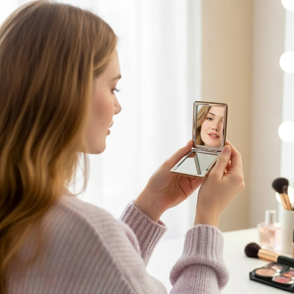 Rectangle Pocket Mirror, Double-Sided Foldable with Cork Finish Cover