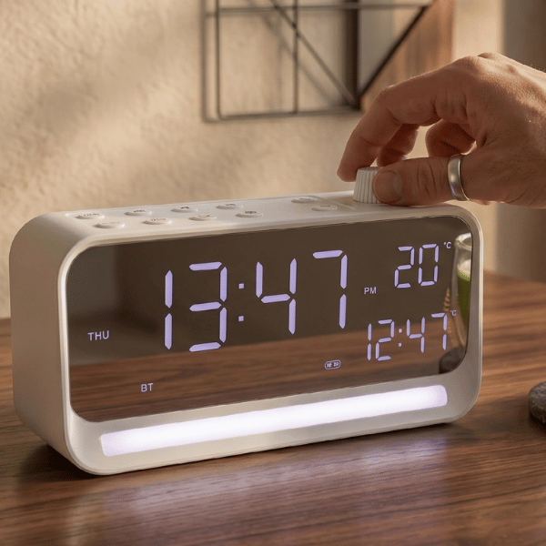 Time Beat White — Bluetooth 5.4 Speaker with Digital Alarm Clock & Calendar Display