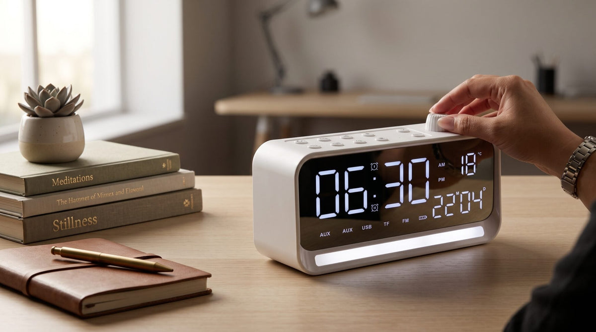 Time Beat White — Bluetooth 5.4 Speaker with Digital Alarm Clock & Calendar Display