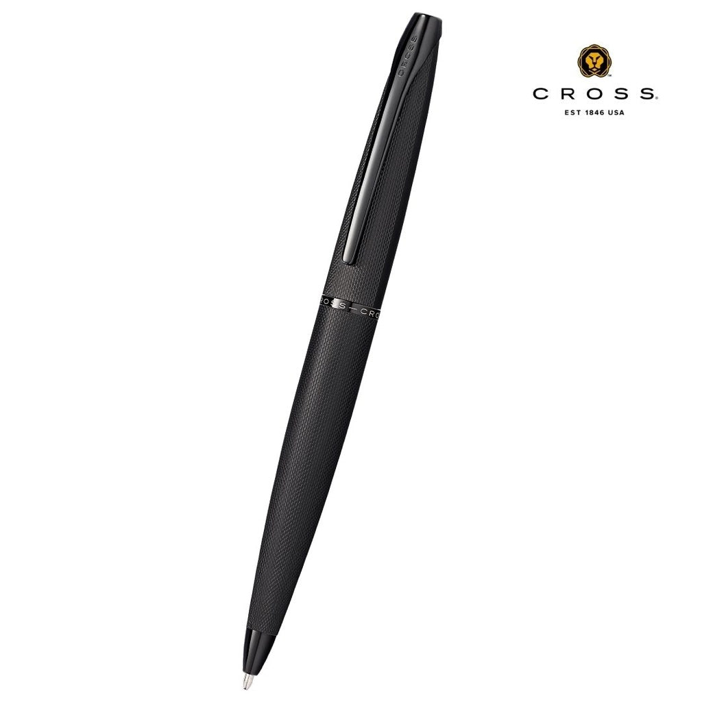 Cross ATX® Brushed Black with Machine-Turned Diamond Pattern Engraving with Polished Black PVD Appointments Ballpoint Pen (Blue Ink)