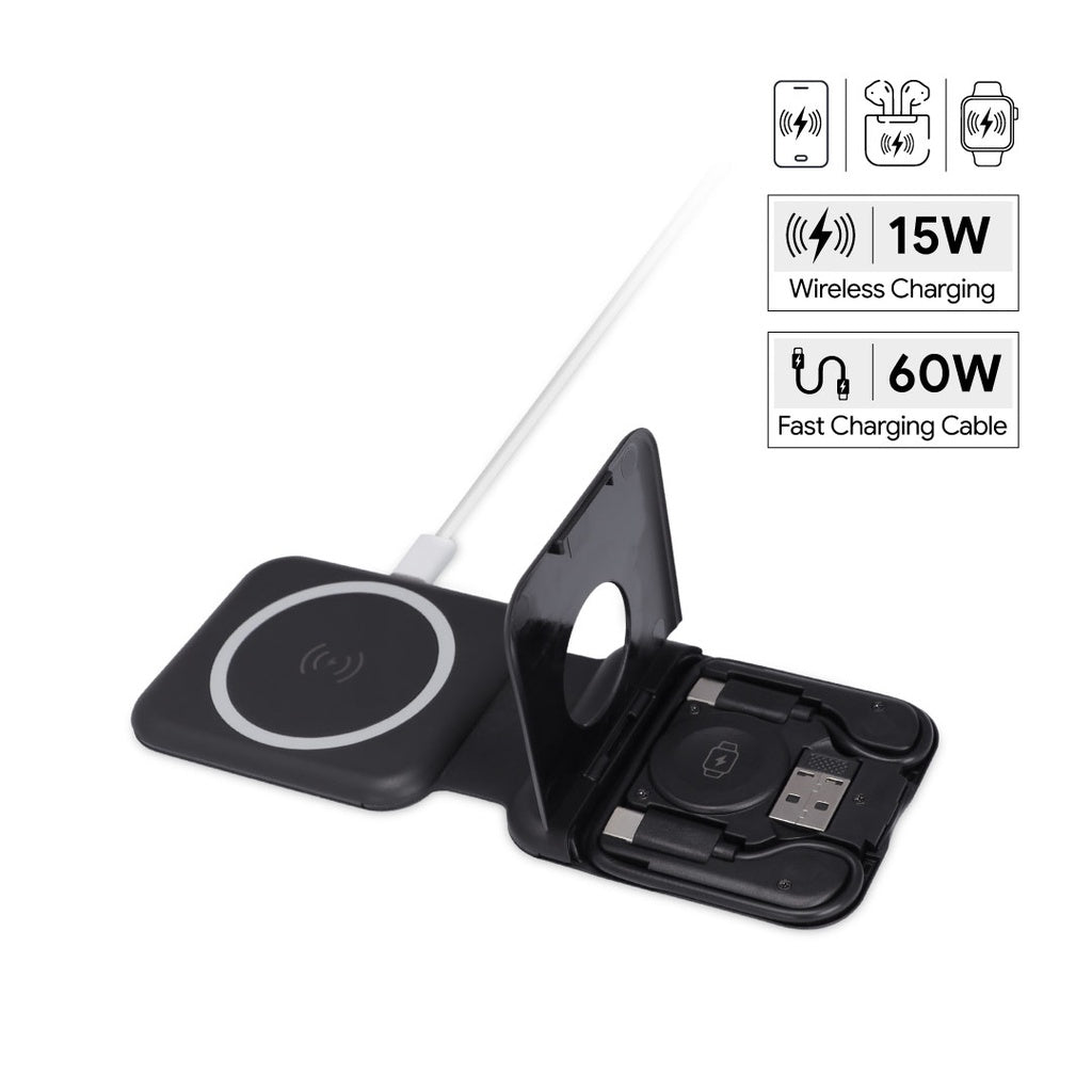 TURIN - @memorii Foldable 2-in-1 Wireless Charger and Multicable Set - Black