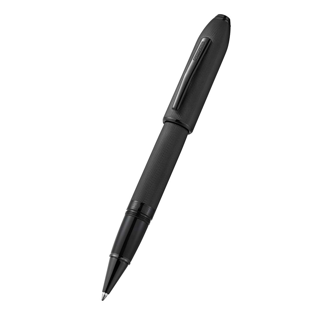 Peerless™ Polished Black PVD Engraved Diamond Pattern with Black PVD Appointments and Swarovski Crystal Rollerball Pen (Blue Ink)