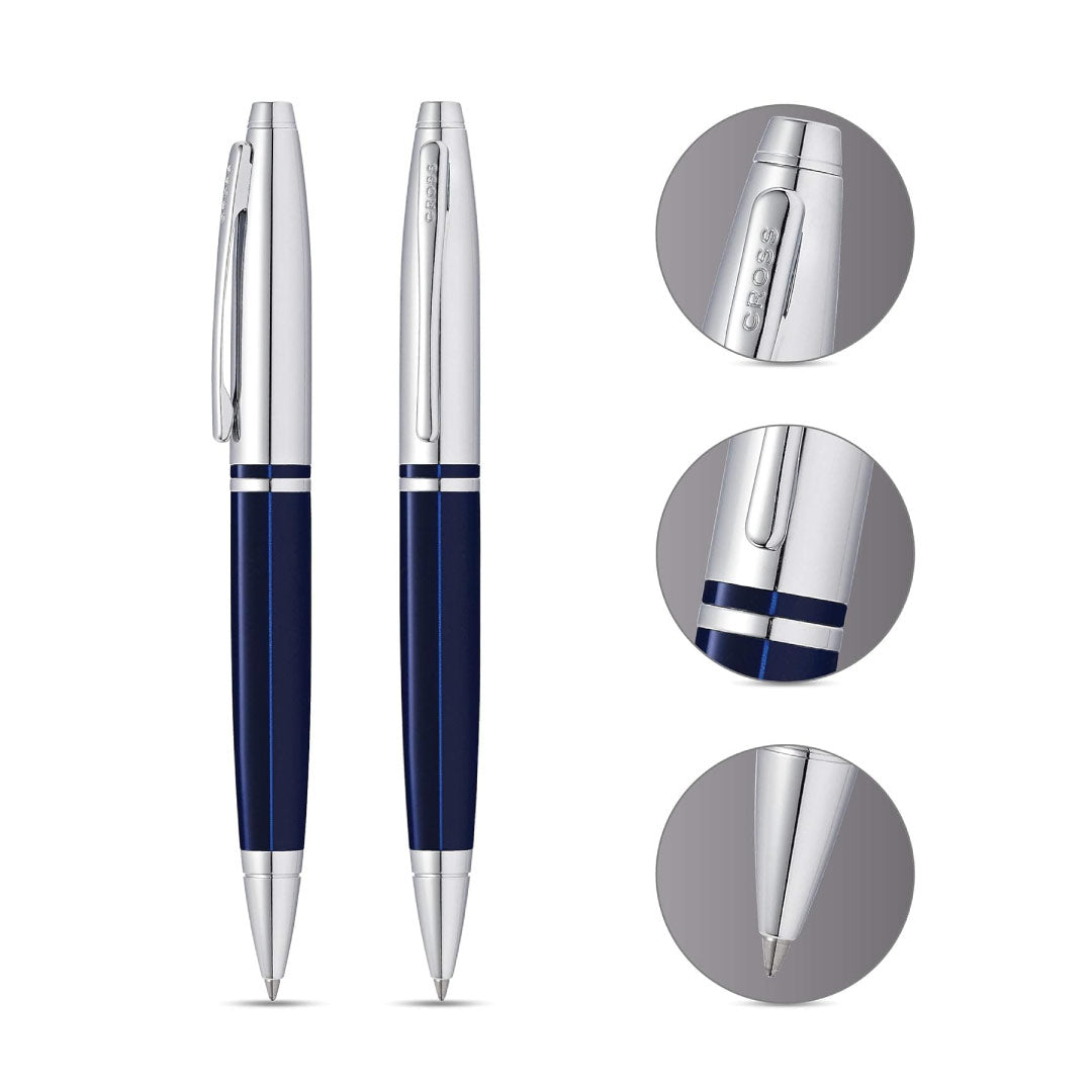 Cross Calais™ Chrome/Blue Lacquer with Polished Chrome Appointments Ballpoint Pen (Blue Ink)