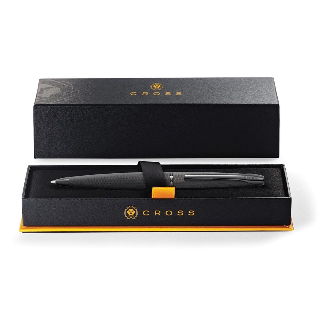 Cross ATX® Brushed Black with Machine-Turned Diamond Pattern Engraving with Polished Black PVD Appointments Ballpoint Pen (Blue Ink)