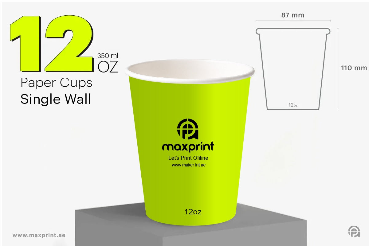 12oz single wall paper cups with logo printing Dubai — 87mm x 110mm, 350ml
