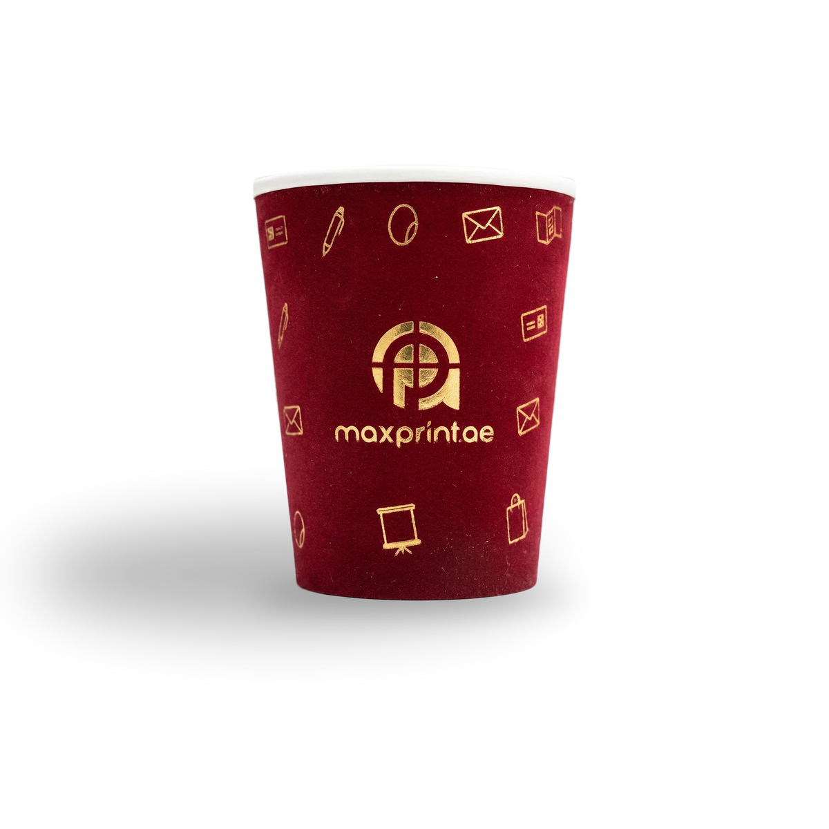 8 oz maroon velvet paper cup with a gold foil logo — MaxPrint Dubai