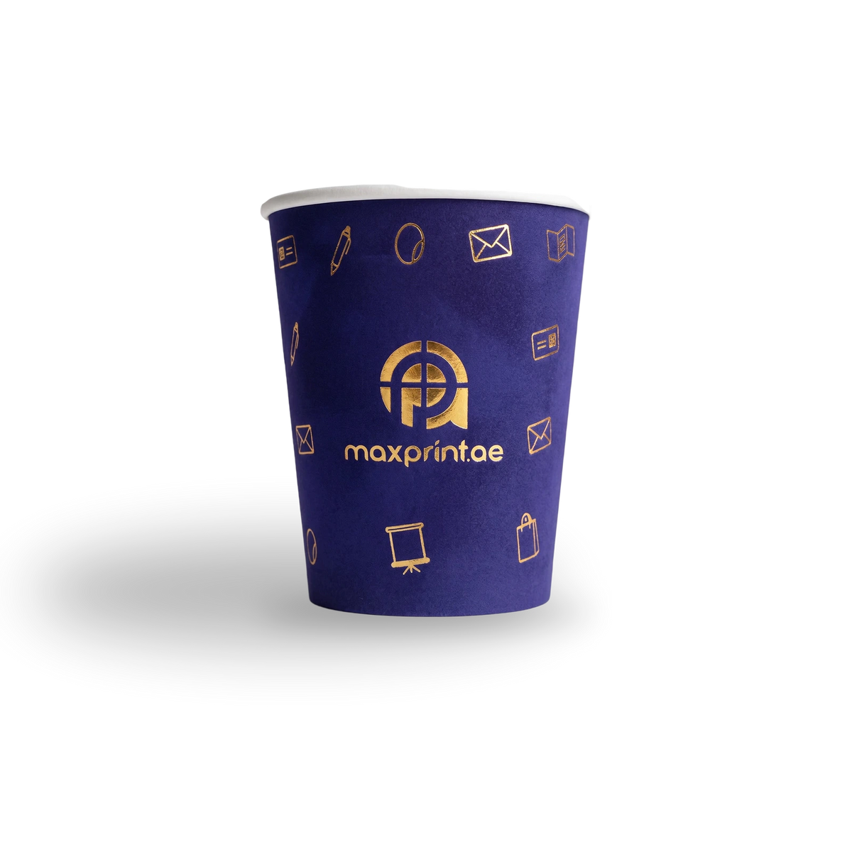 8 oz navy velvet paper cup with a gold foil logo — MaxPrint Dubai