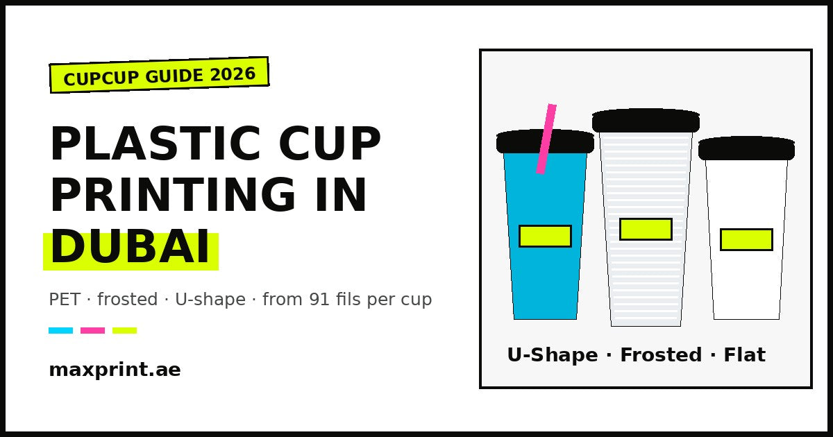 Plastic cup printing Dubai - PET frosted U-shape guide 2026 - MaxPrint