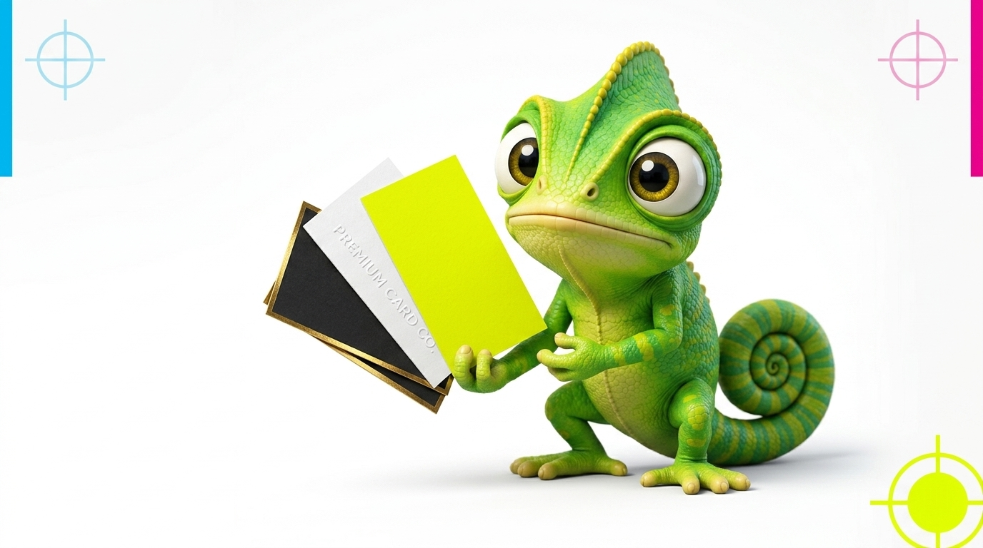 MaxPrint chameleon mascot presenting three premium business cards: black with gold foil edges, white embossed, and lime yellow