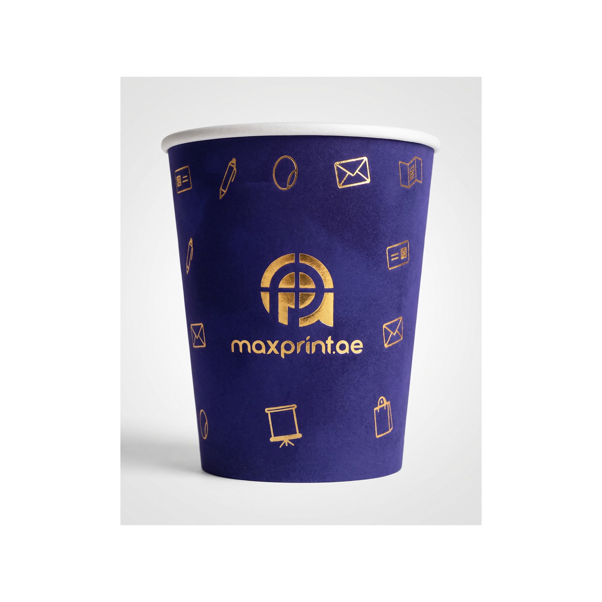 8 oz navy velvet paper cup with a gold foil logo — MaxPrint Dubai