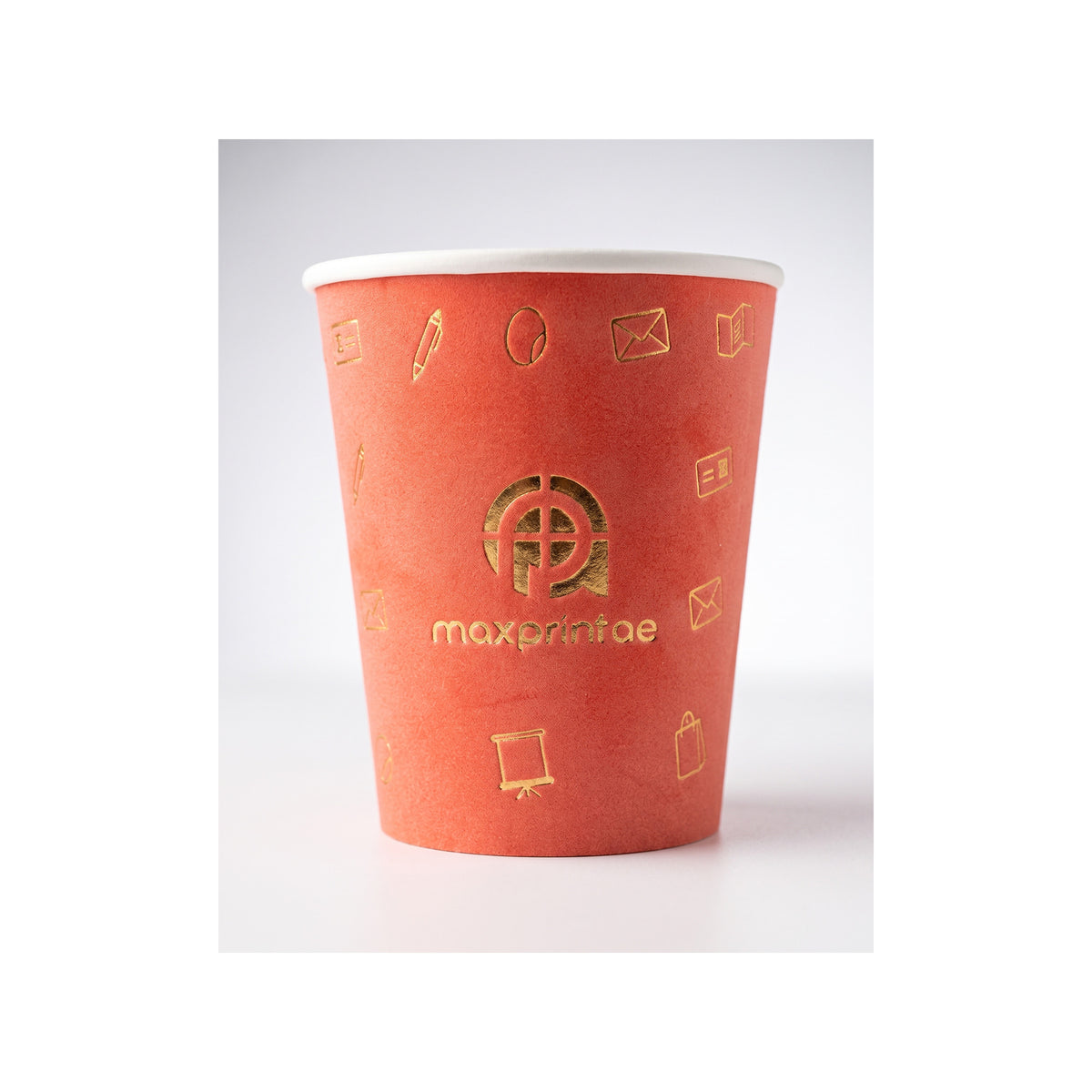 8 oz coral velvet paper cup with a gold foil logo — MaxPrint Dubai