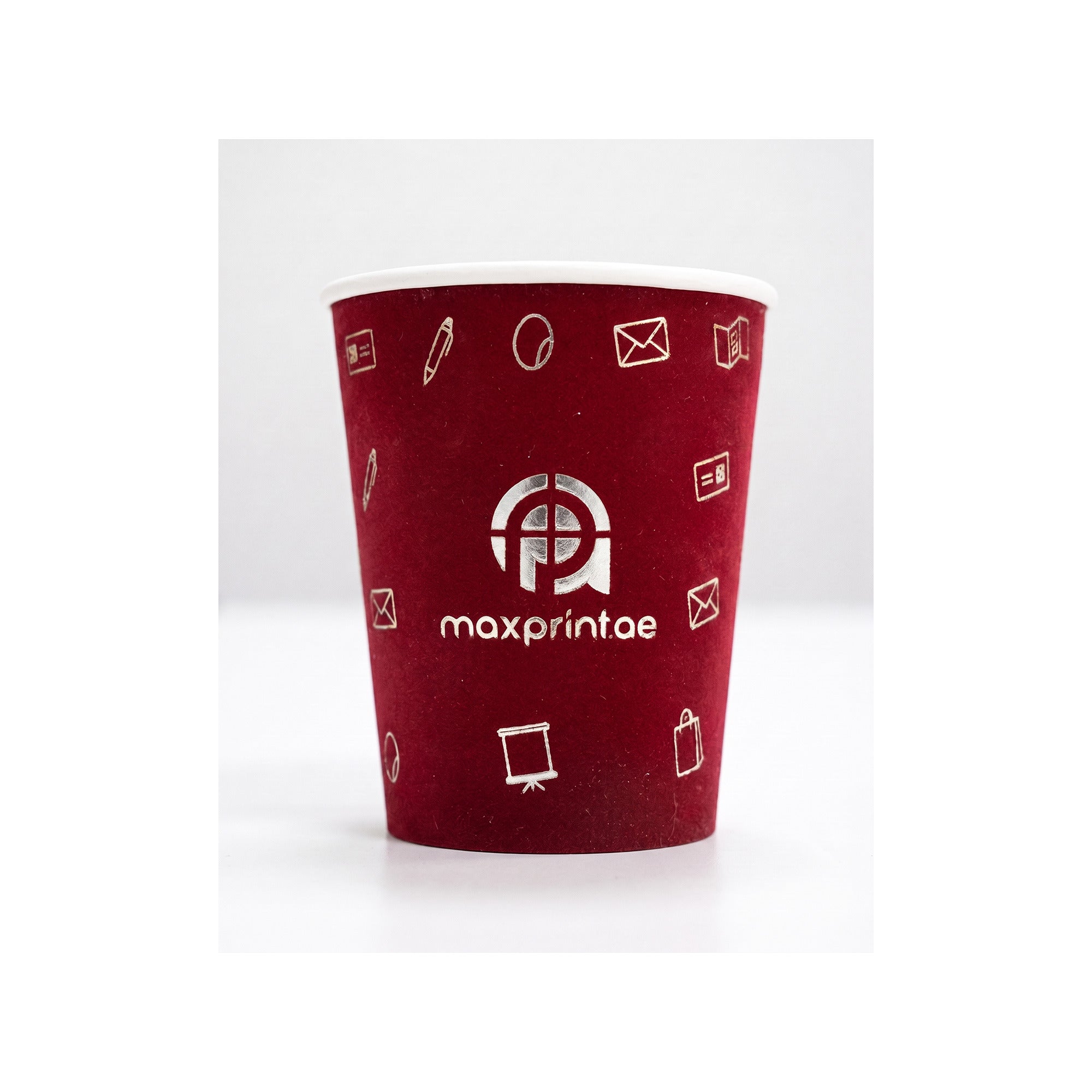 8 oz maroon velvet paper cup with a silver foil logo — MaxPrint Dubai