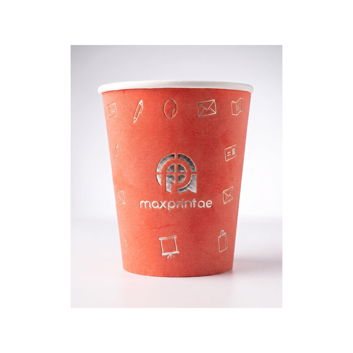 8 oz coral velvet paper cup with a silver foil logo — MaxPrint Dubai
