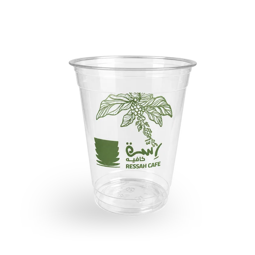 12 oz clear flat-lid plastic cup printed with a customer logo, example 2 — MaxPrint Dubai