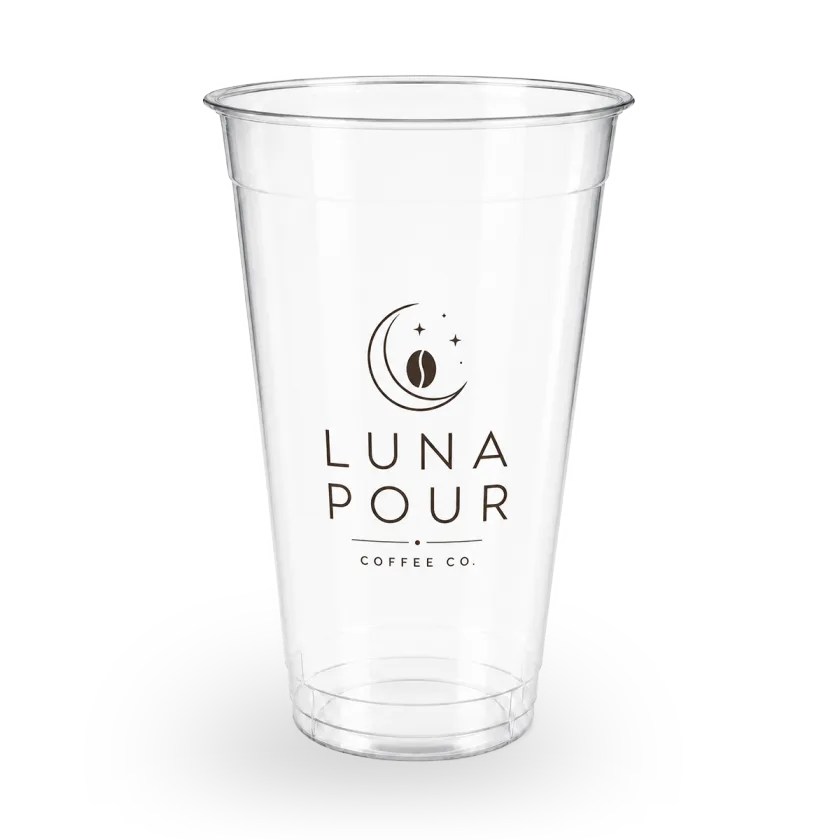 20 oz clear flat-lid plastic cup printed with a customer logo, example 2 — MaxPrint Dubai