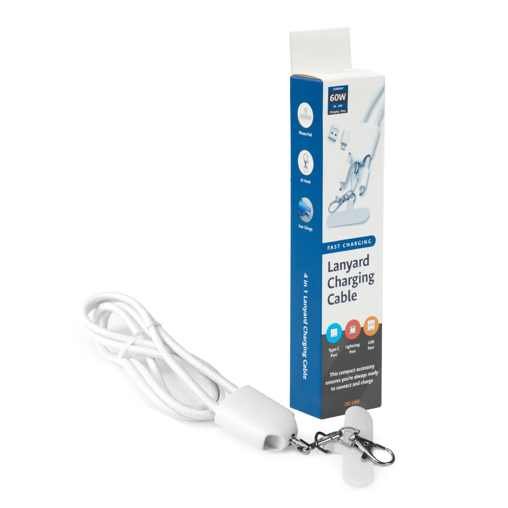 4 in 1 Lanyard Charging Cable 60W, 120cm Long with Hook for ID Card and Phone Pad