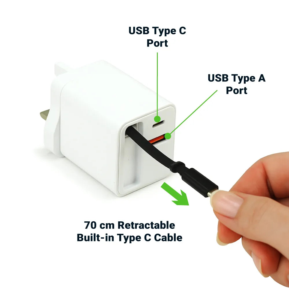80W GaN Fast Charger Adaptor with Retractable Built-in Type-C Cable