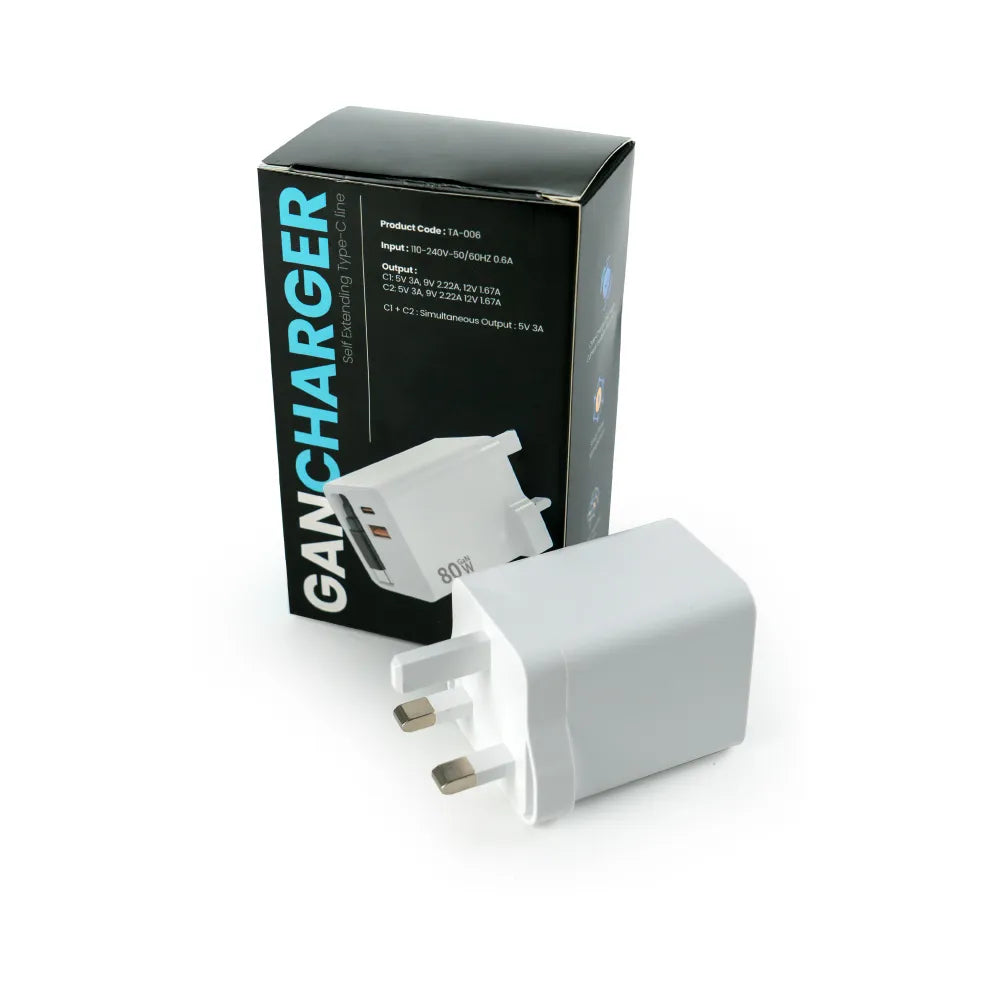 80W GaN Fast Charger Adaptor with Retractable Built-in Type-C Cable