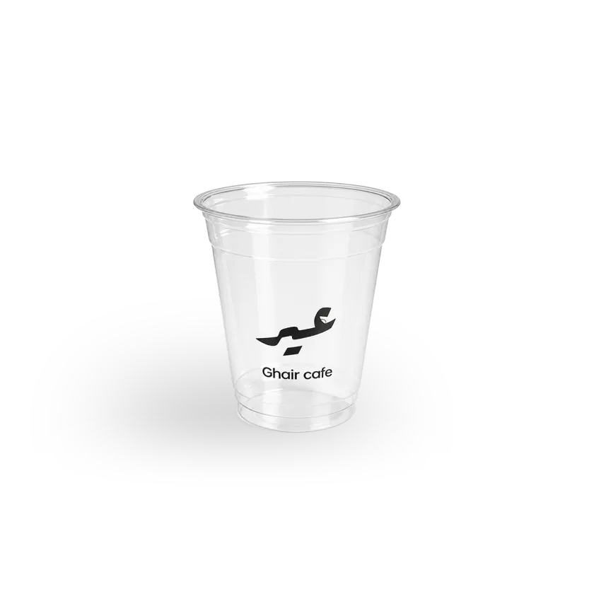 8 oz clear flat-lid plastic cup printed with a customer logo, example 2 — MaxPrint Dubai