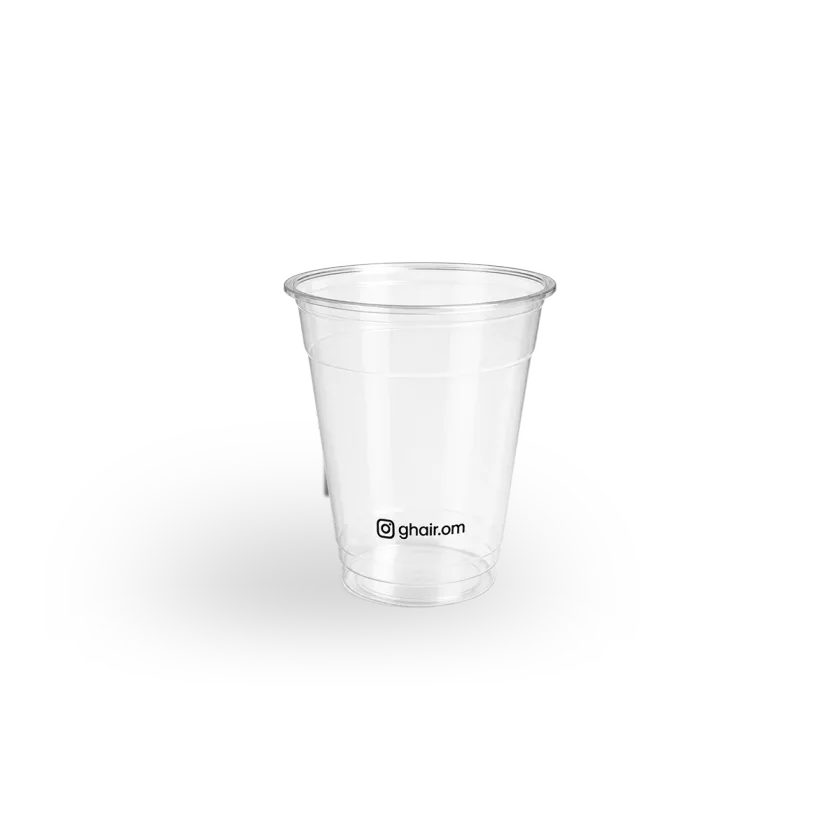 8 oz clear flat-lid plastic cup printed with a customer logo, example 3 — MaxPrint Dubai