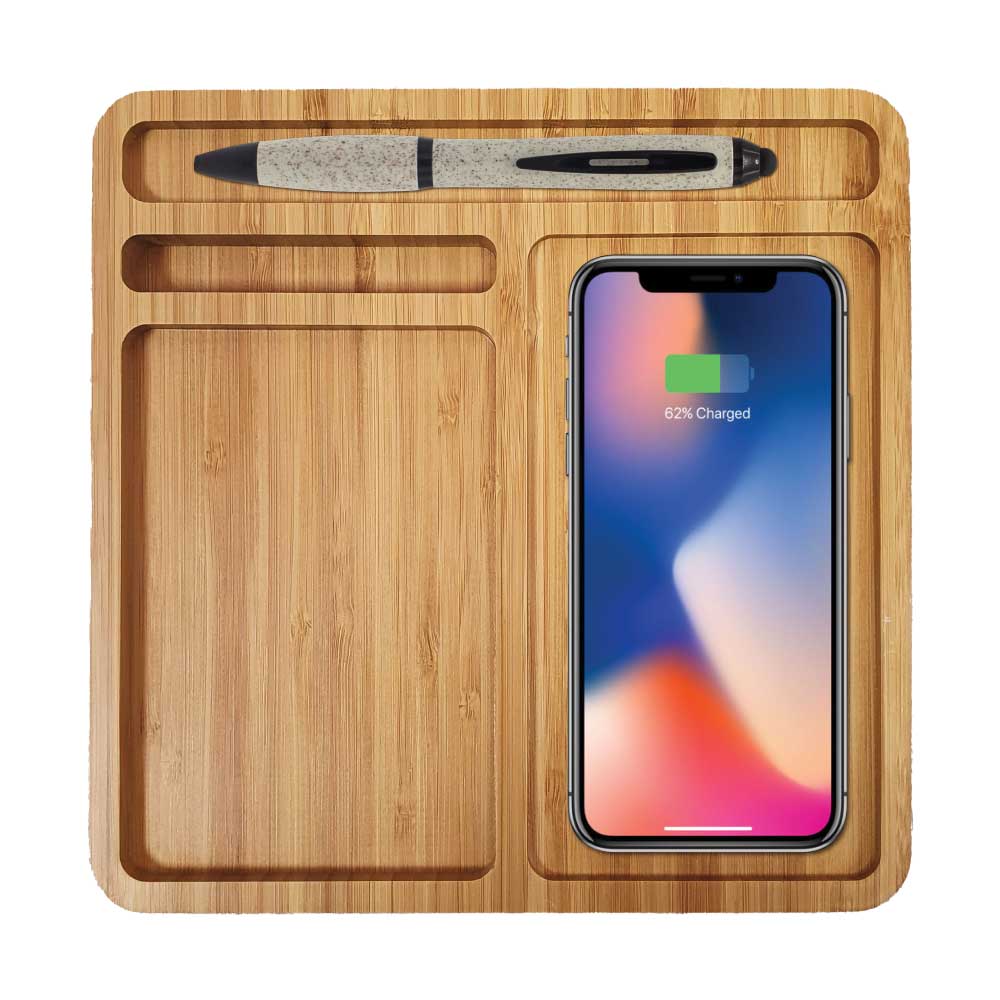 Bamboo 15W Wireless Desk Fast Charging Pad and Organizer