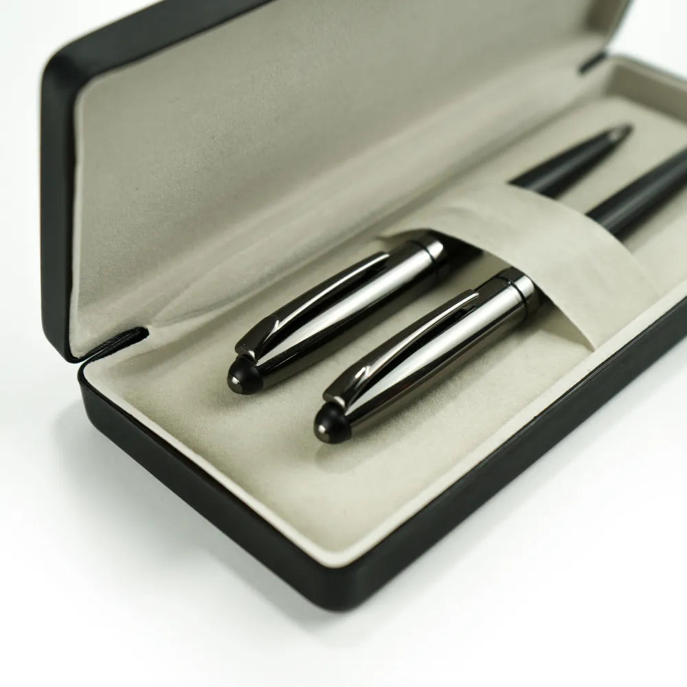 Black Metal Pen Set with Matte & Glossy Finish in PU Leather Box