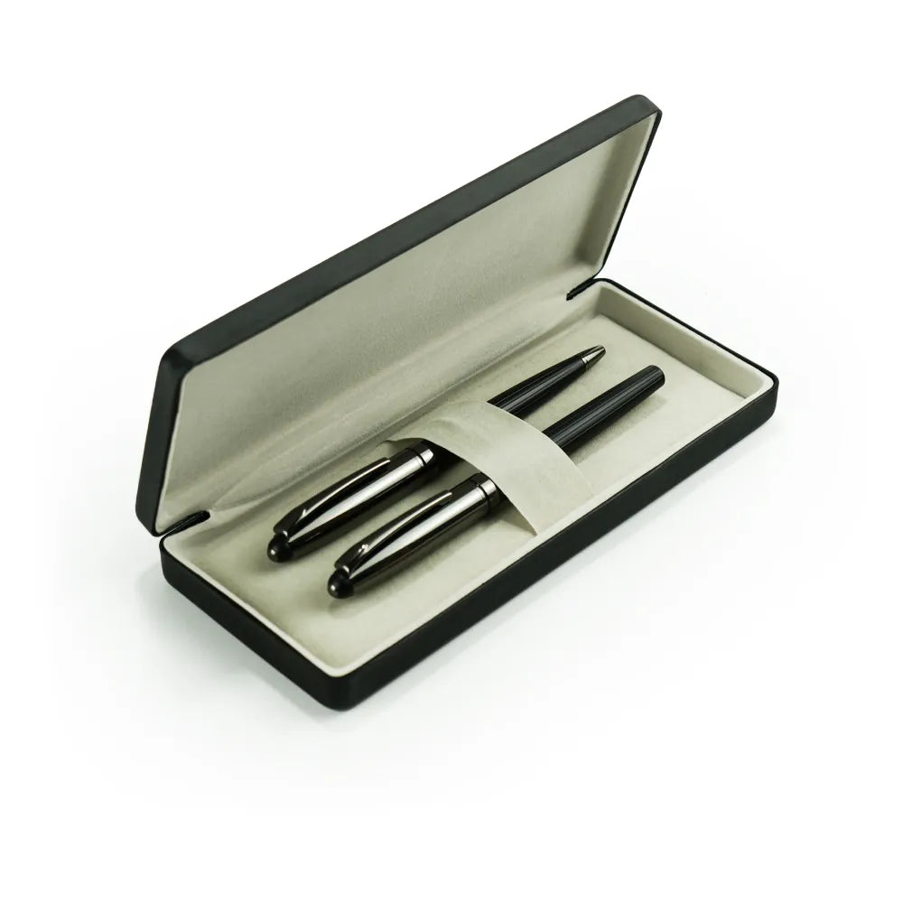 Black Metal Pen Set with Matte & Glossy Finish in PU Leather Box