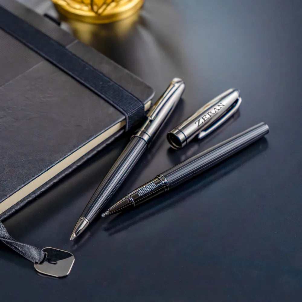 Black Metal Pen Set with Matte & Glossy Finish in PU Leather Box