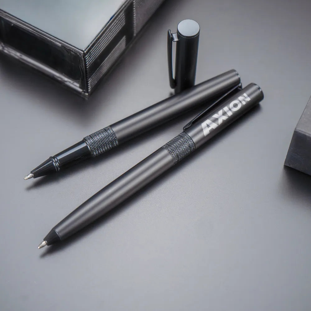 Black Metal Pen Set with Matte Finish in Hardboard Slide to Open Box