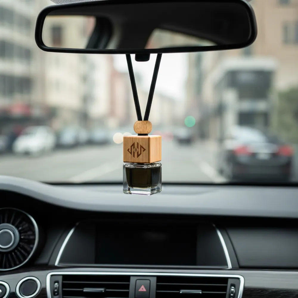 Hanging Car Diffuser Bottle with Bamboo Lid – Black Ice Fragrance