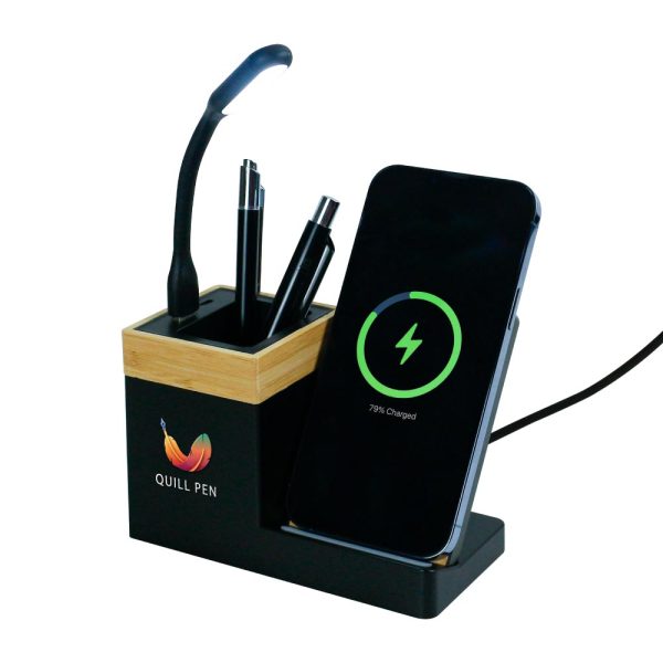 50 Bamboo Desktop Pen Holder with 15W Wireless Charger