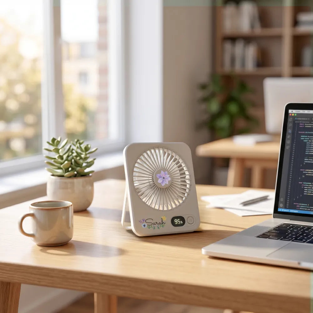 Rechargeable Table-Top Fan with Rotating Desk Stand, Compact & Portable, Type-C