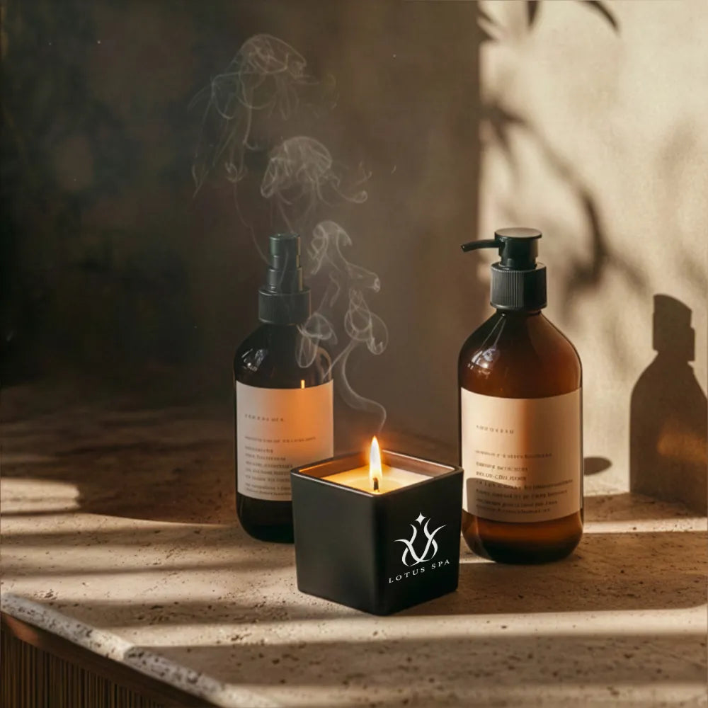 Scented Candle in Square Glass Bottle with Bamboo Lid, Oakmoss & Amber Scent