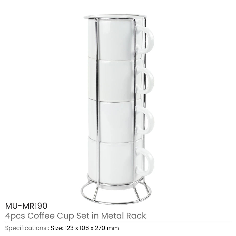 50 Set Ceramic Coffee Cups Set 4Pcs in Silver Metal Rack