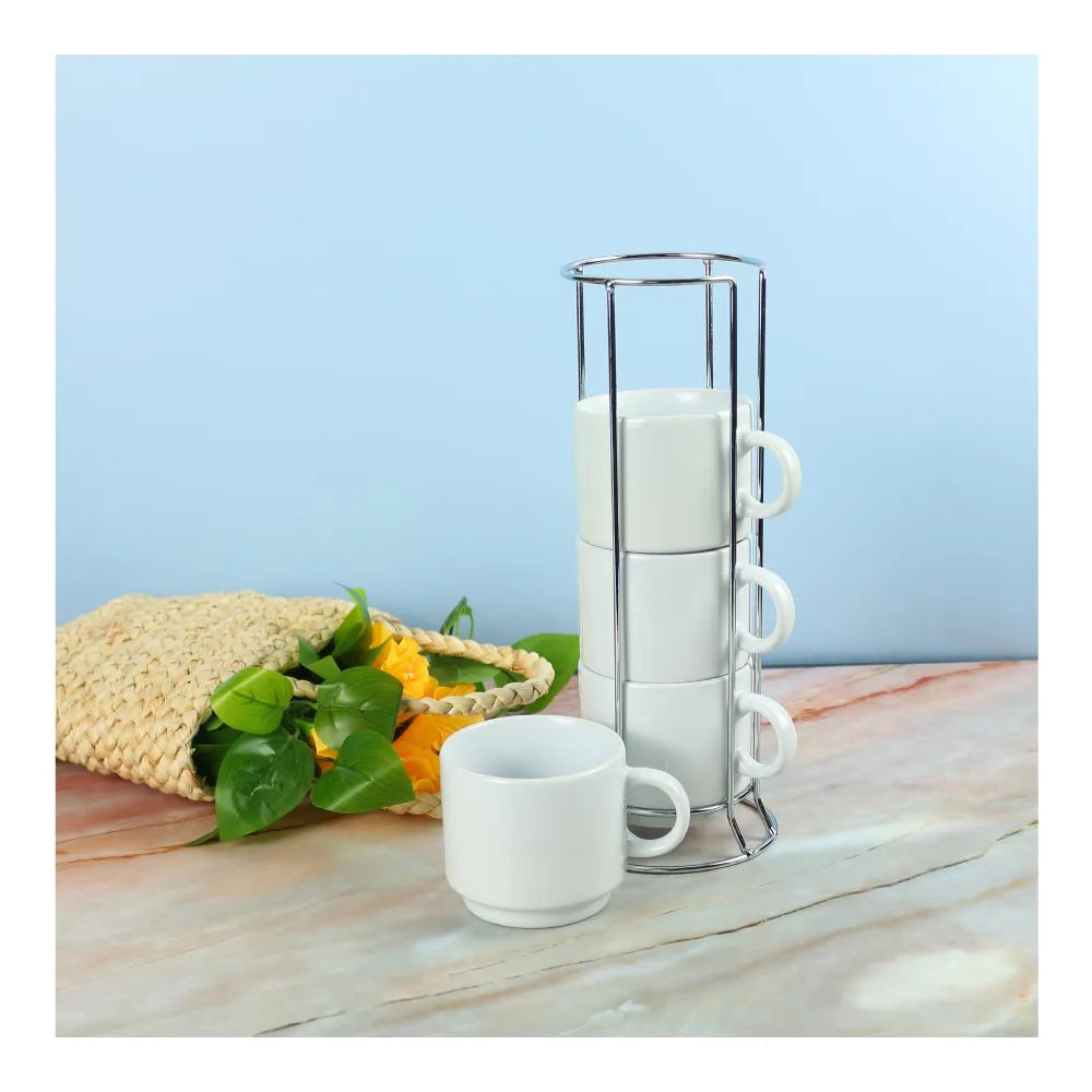 50 Set Ceramic Coffee Cups Set 4Pcs in Silver Metal Rack