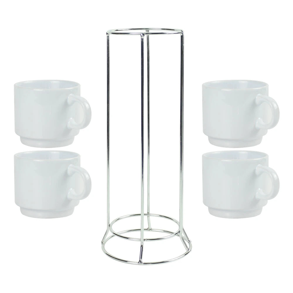 50 Set Ceramic Coffee Cups Set 4Pcs in Silver Metal Rack