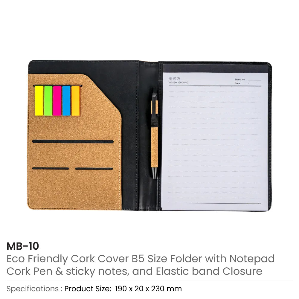 Cork Cover Folder B5 Size with Notepad, Pen and Sticky Notes
