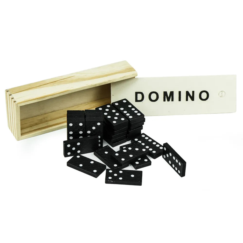 Domino Set Game in Wooden Slide Box – 28 Black Wooden Pieces