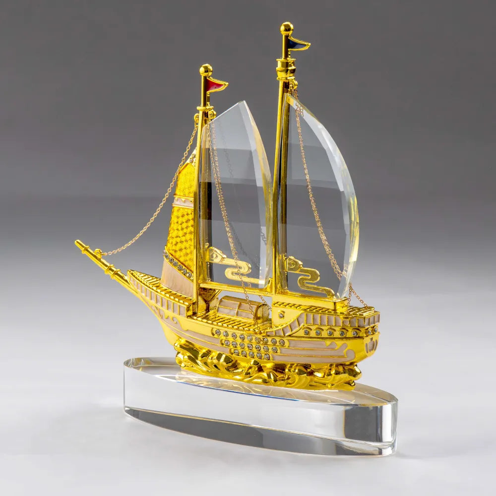 Golden Boat-Shaped Memento in Metal with Glass Base