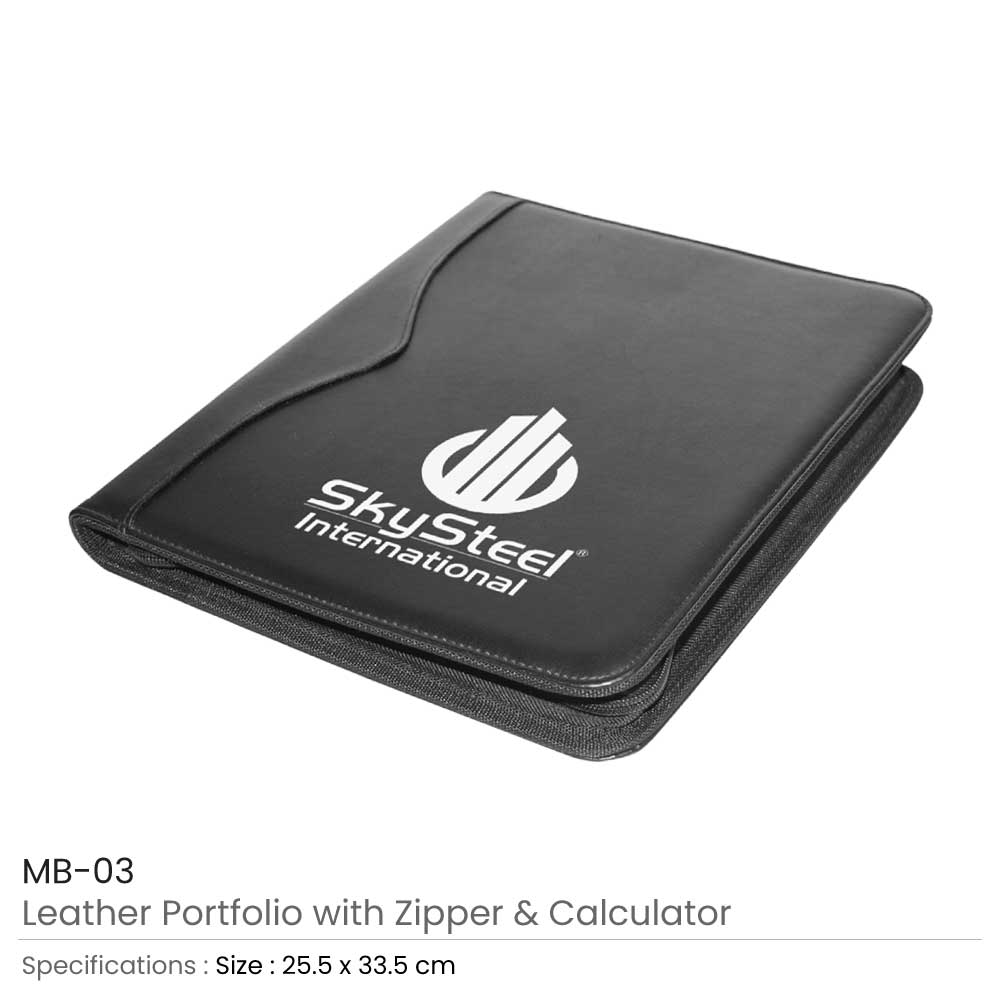 Leather Portfolio with Zipper and Calculator