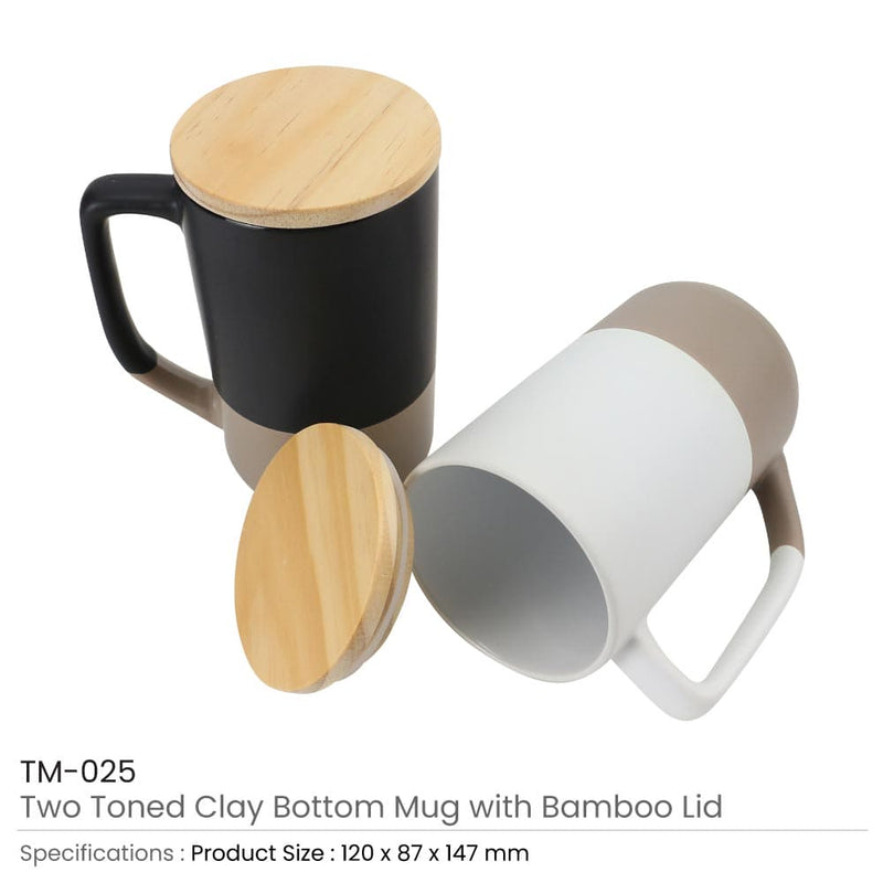 24 Two-toned Ceramic Mugs with Clay Bottom, Bamboo Lid