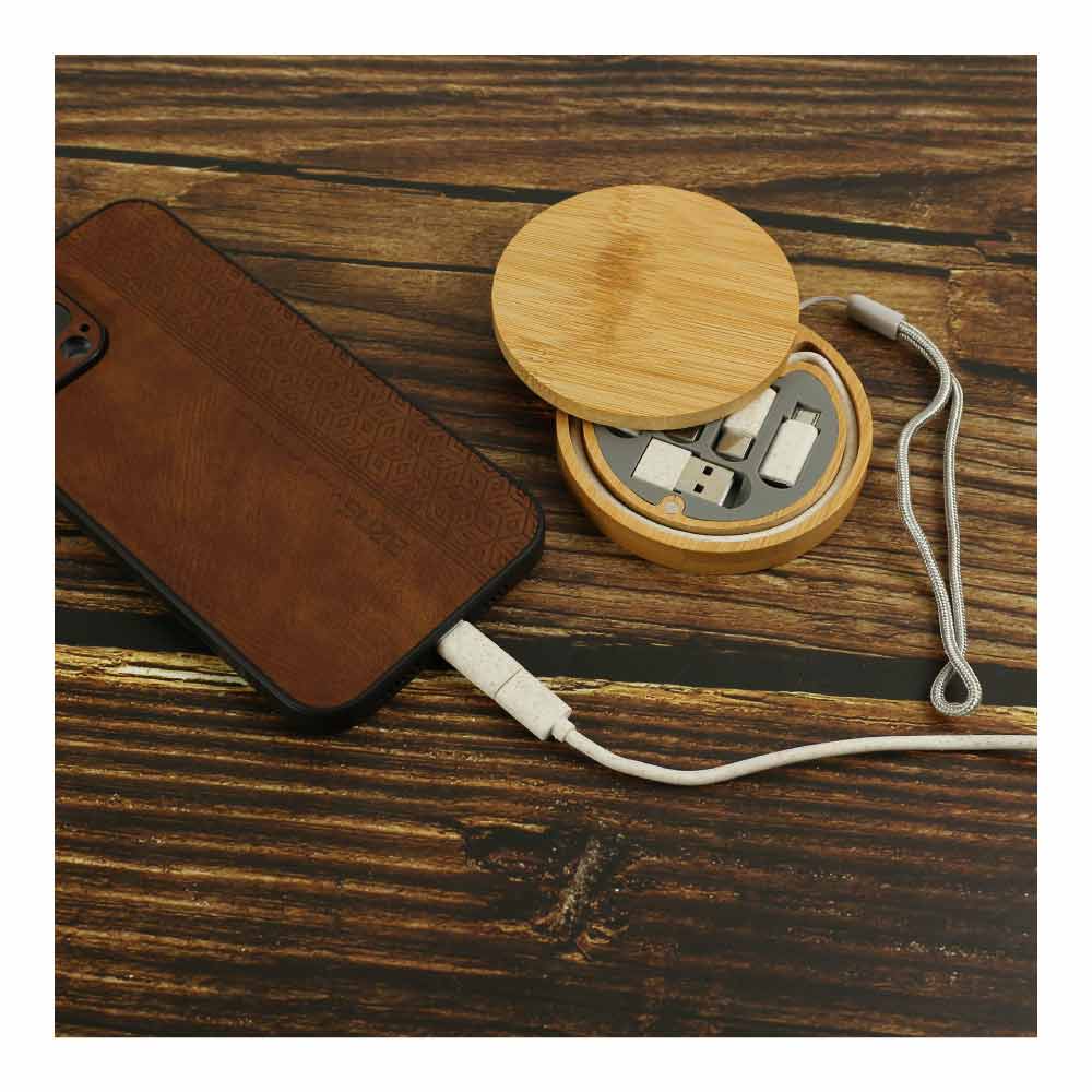 Multi-Charging Cable Set in Round Bamboo Case