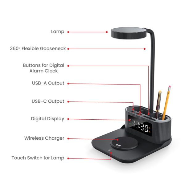 50 Desk Lamp with 15W Wireless Charger, Clock and Pen Holder