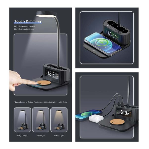 50 Desk Lamp with 15W Wireless Charger, Clock and Pen Holder